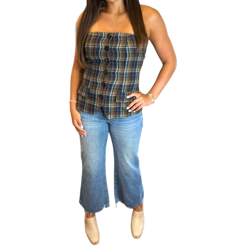 Old Money Fall Plaid Button Front Strapless Bustier Top