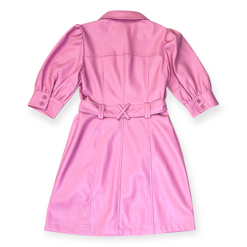 Pink Faux Leather Puff Sleeve Belted Pocket Collared Dress