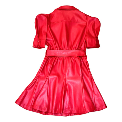 Red Faux Leather Puff Sleeve Belted Pleated Button Up Shirt Dress