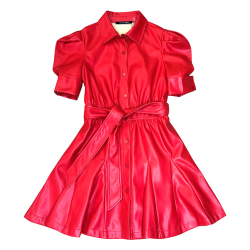 Red Faux Leather Puff Sleeve Belted Pleated Button Up Shirt Dress
