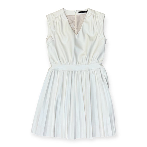 Cream Vegan Leather Cinched Pleat Shoulder Sleeveless Midi Dress