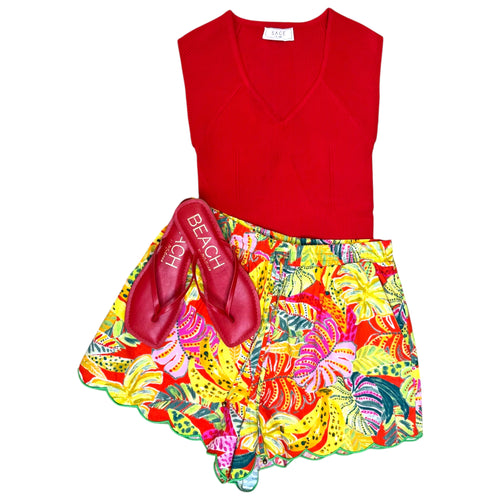 Palm Banana Scallop Detail Tie Waist Tropical Print Short
