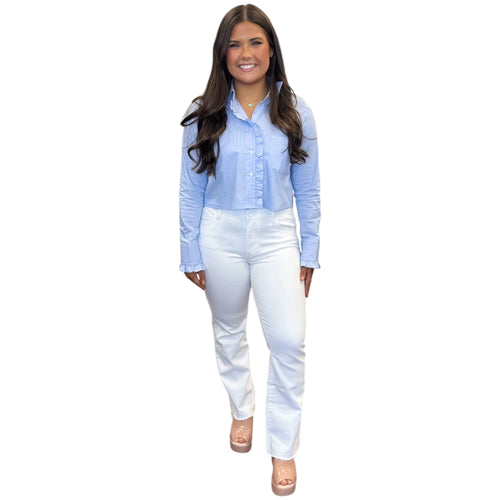 Fontes Striped Poplin Lapel Collar Ruffle Cuff Cropped Button Top