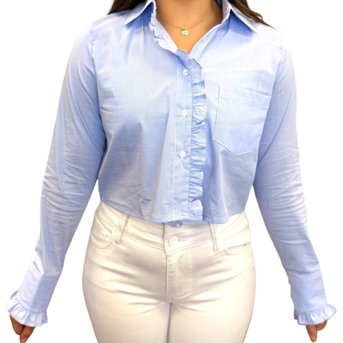 Fontes Striped Poplin Lapel Collar Ruffle Cuff Cropped Button Top