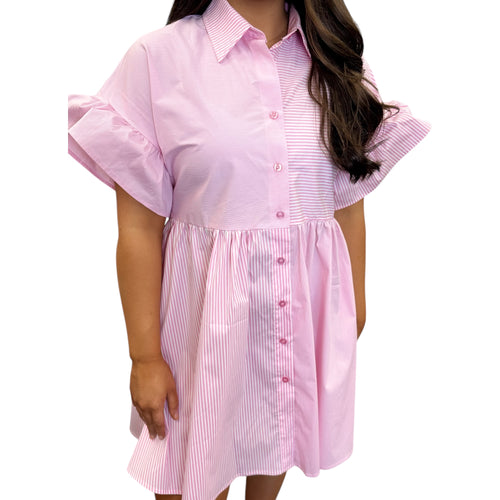 Pragal Mixed Stripe Poplin Lapel Collar Ruffle Sleeve Button Shirtdress