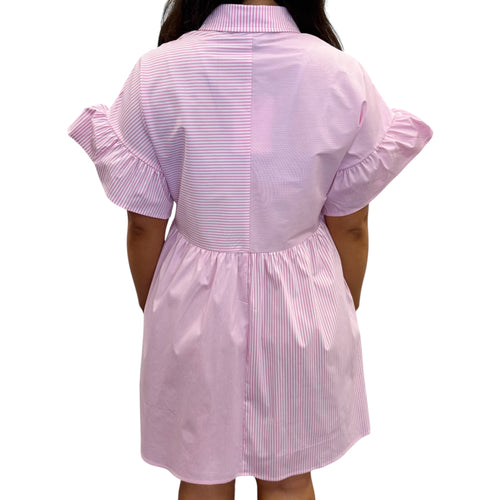Pragal Mixed Stripe Poplin Lapel Collar Ruffle Sleeve Button Shirtdress