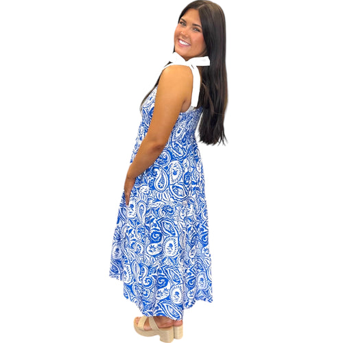 Athena Blue White Paisley Smocked Tiered Self Tie Strap Midi Dress