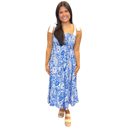 Athena Blue White Paisley Smocked Tiered Self Tie Strap Midi Dress