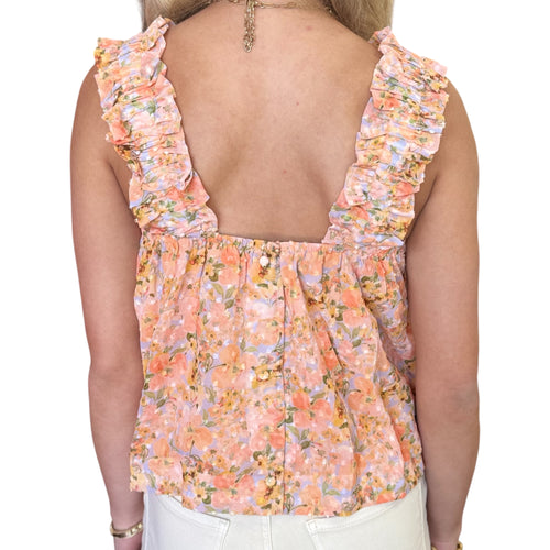Mila Floral Print Chiffon Square Neck Ruffle Shoulder Babydoll Top
