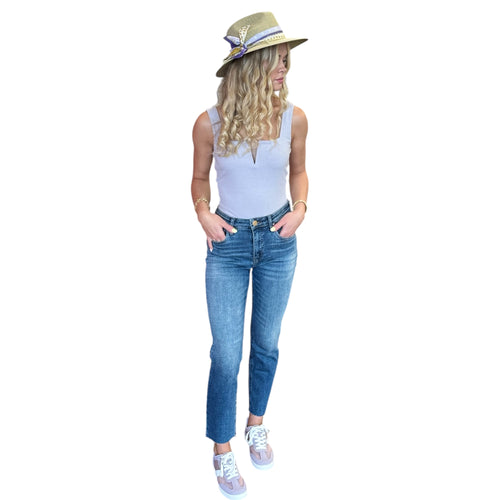 Rachel High Rise Fab AB Raw Hem Mom Jean in Braveness Dark Wash