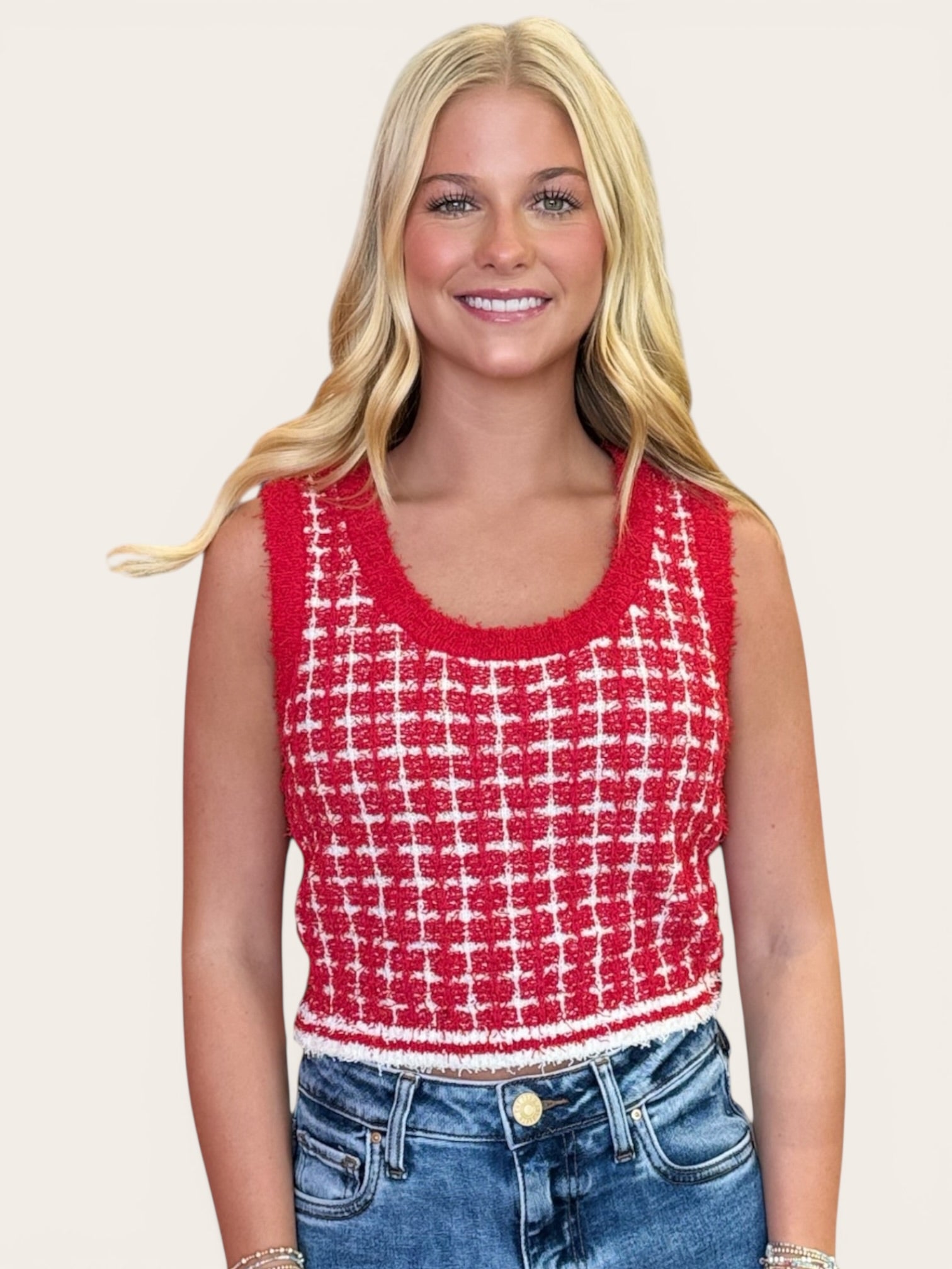 Plaid Ribbed Knit Sleeveless Cropped Sweater Tank