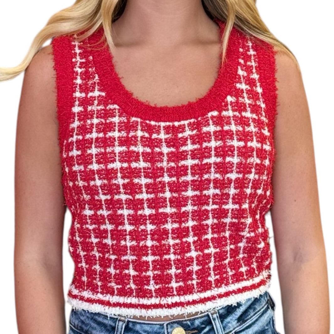 Plaid Ribbed Knit Sleeveless Cropped Sweater Tank
