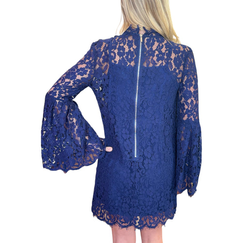 Navy Floral Lace Overlay Bell Sleeve Scalloped Mini Dress