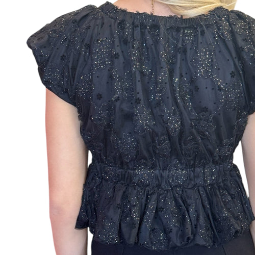 Black Gold Embellished Floral Beaded Ruffle Sleeve Tie Front Smocked Crop Top
