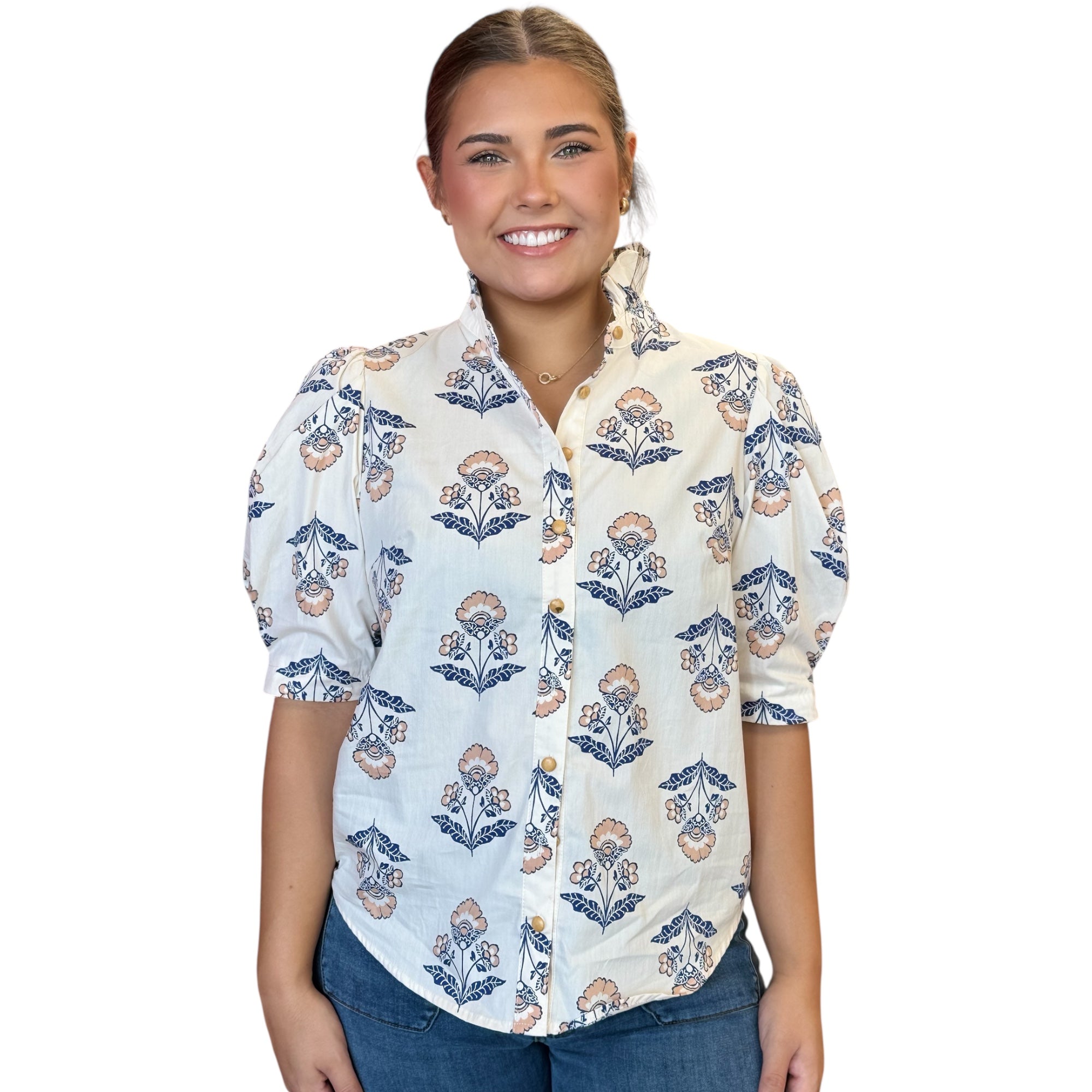 Vintage Floral Ruffle Neck Button Up Top