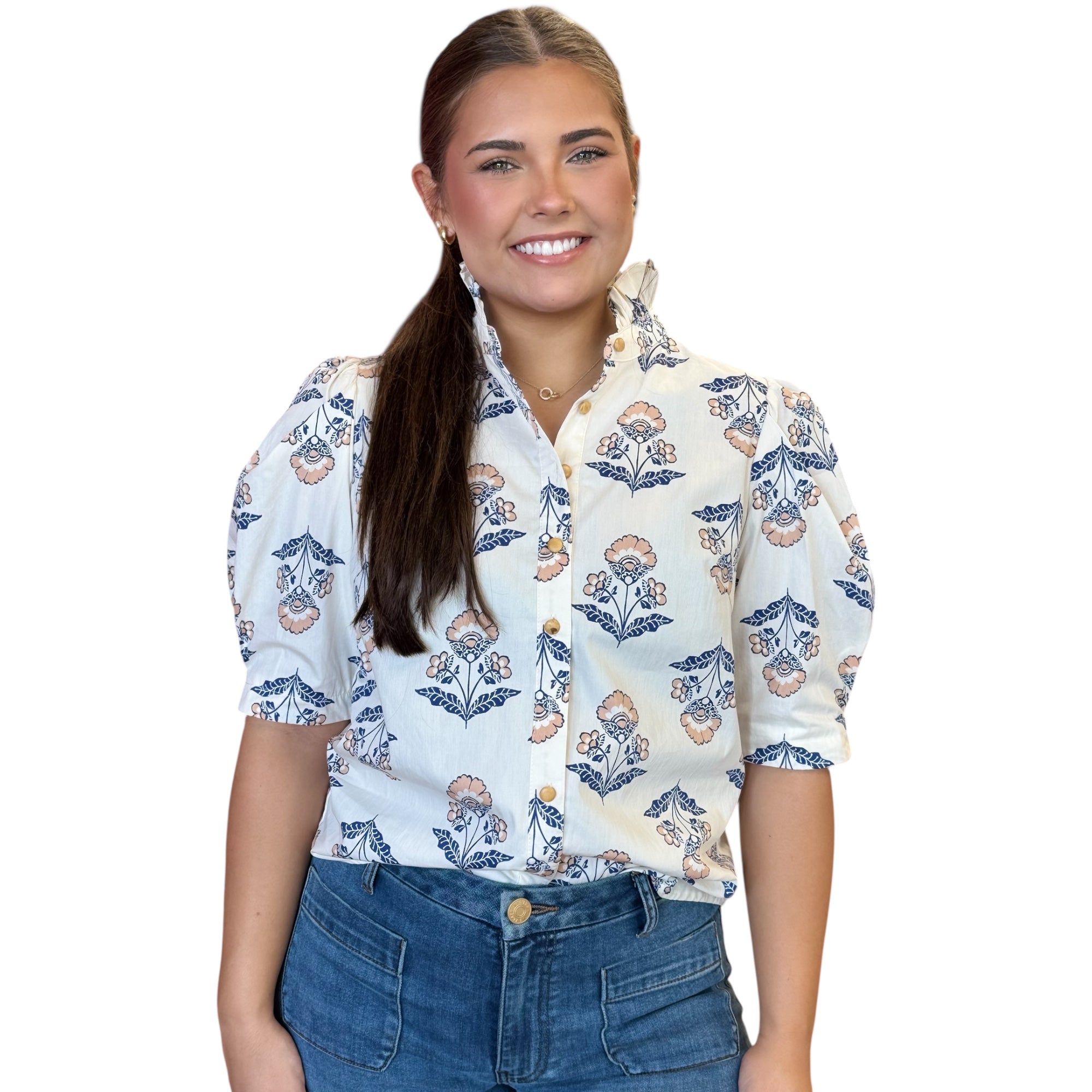 Vintage Floral Ruffle Neck Button Up Top