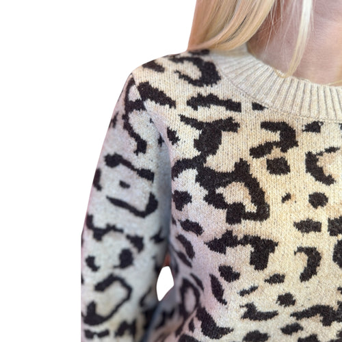 Gisela Animal Print Ribbed Trim Cheetah Knit Sweater