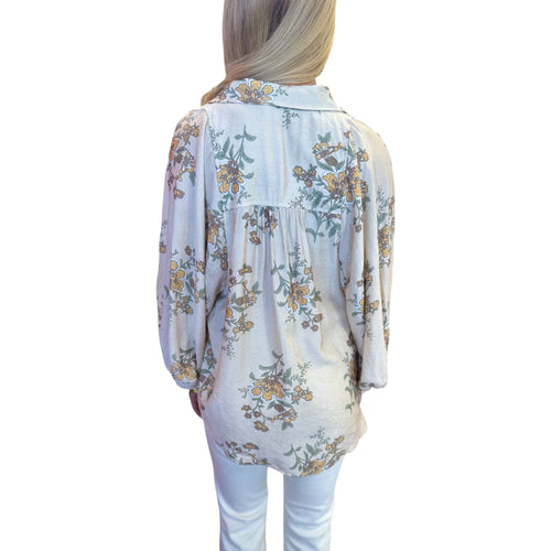 Floral Ecru Pleated Shoulder Button Front Top
