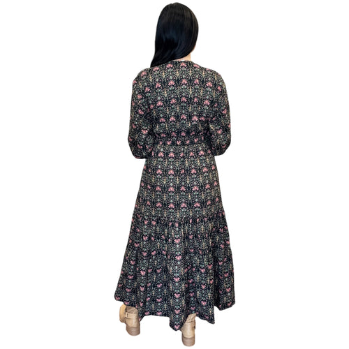 Indigo Garden Floral Puff Sleeve Tiered Maxi Dress