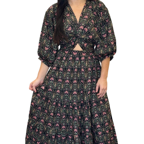 Indigo Garden Floral Puff Sleeve Tiered Maxi Dress