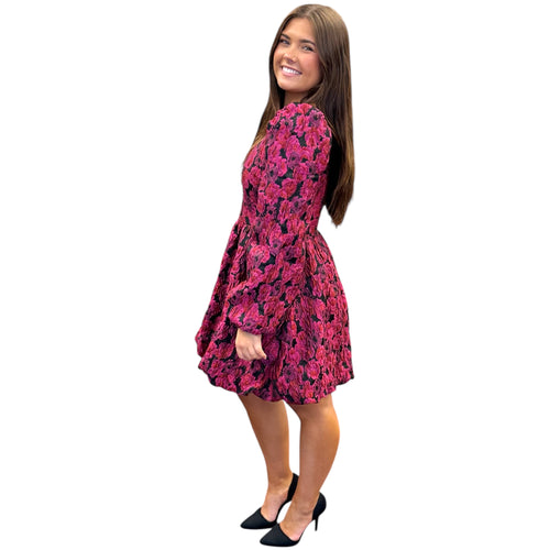 Heras Garland Cecily Metallic Floral Bishop Sleeve Mini Dress