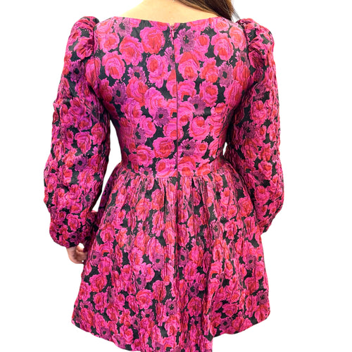 Heras Garland Cecily Metallic Floral Bishop Sleeve Mini Dress
