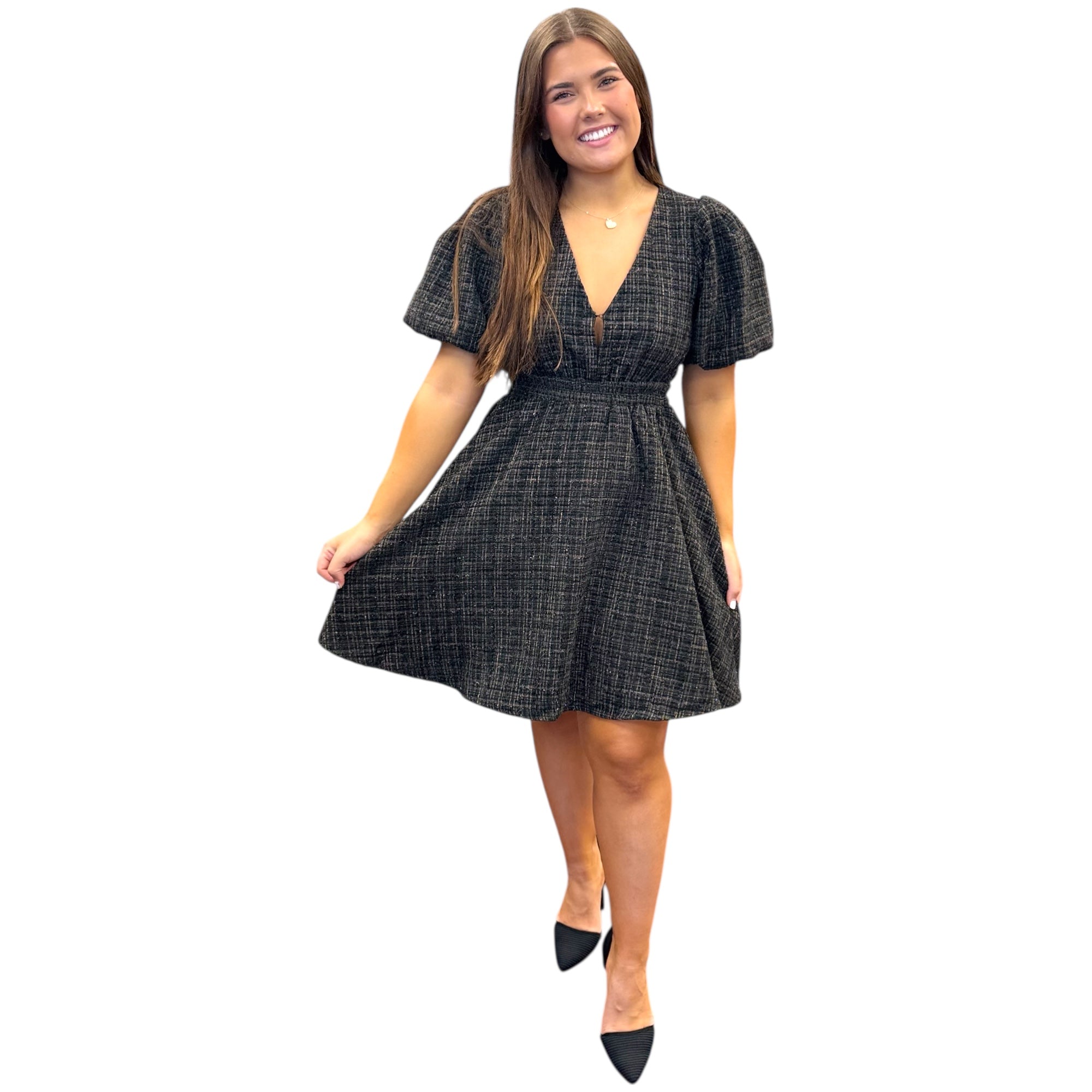 Ebony Tweed Puff Sleeve Dress