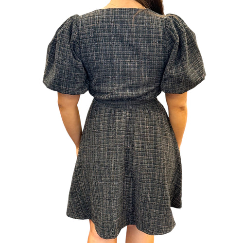 Ebony Tweed Deep V Puff Sleeve A-Line Mini Dress