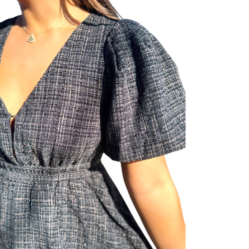 Ebony Tweed Deep V Puff Sleeve A-Line Mini Dress