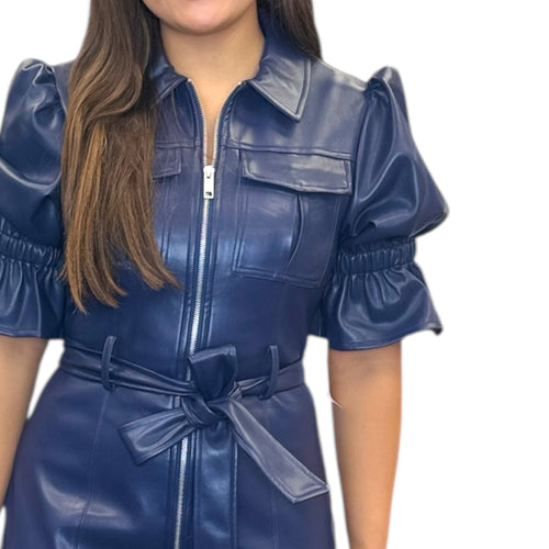 Navy Vegan Leather Puff Sleeve Belted Mini Dress