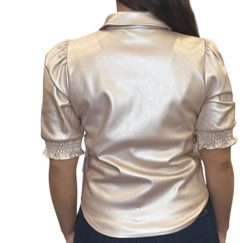Pale Gold Vegan Leather Button Up Elastic Cuff Top
