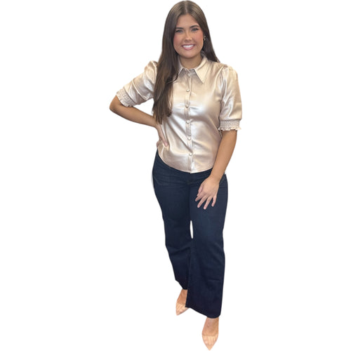 Pale Gold Vegan Leather Button Up Elastic Cuff Top