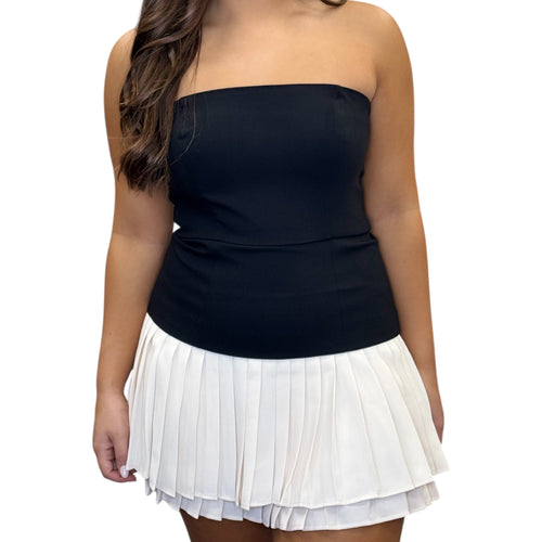 Azra Strapless Contrast Pleated Skirt Mini Dress