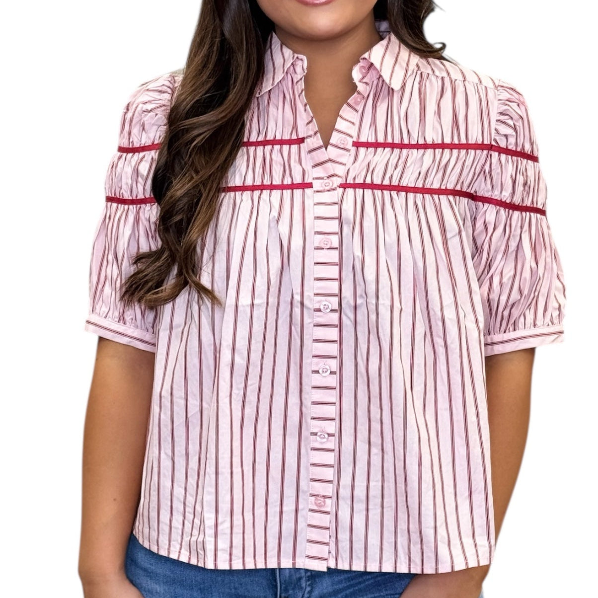 Striped Elastic Knit Short Sleeve Button Down Top