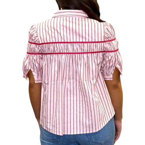 Striped Elastic Knit Short Sleeve Button Down Top