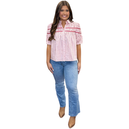 Striped Elastic Knit Short Sleeve Button Down Top