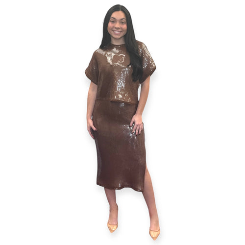 Molly Taupe Sequined Side Slit Midi Skirt