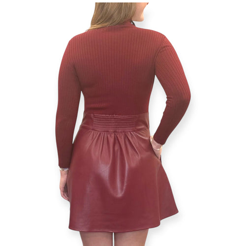 Burgundy Knit Turtleneck Vegan Leather Skirt Mini Dress