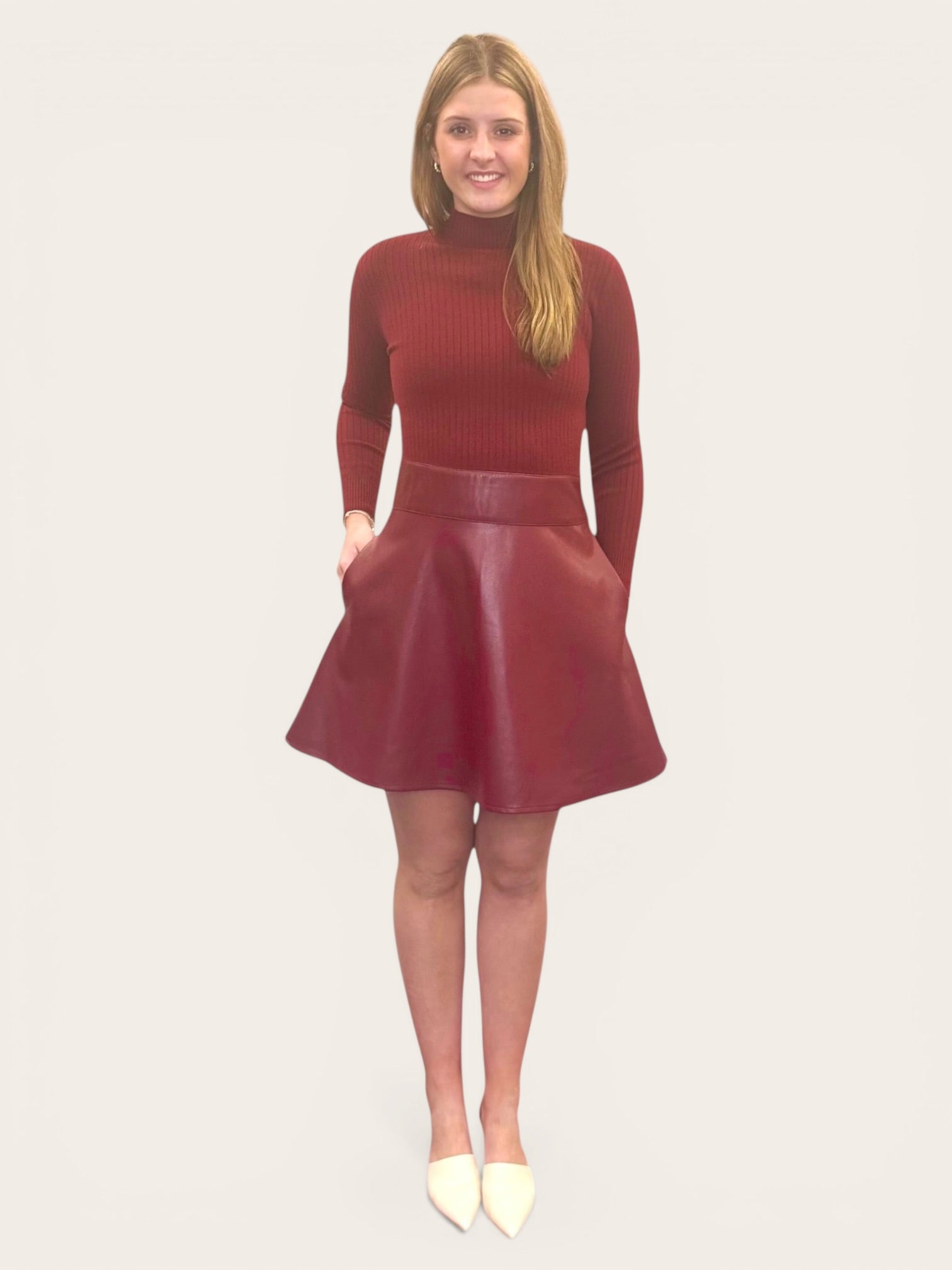 Faux Leather & Knit Turtleneck Dress Burgundy / S