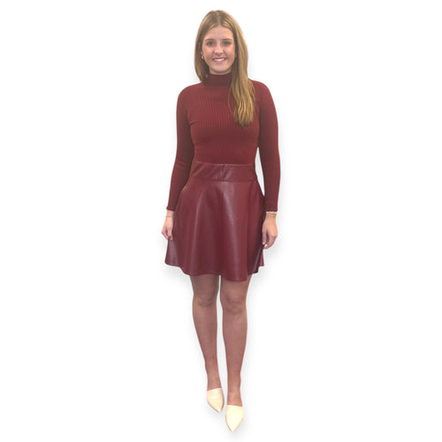 Burgundy Knit Turtleneck Vegan Leather Skirt Mini Dress