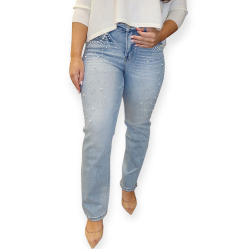 High Rise Pearl and Rhinestone Embellished Straight Leg Jeans