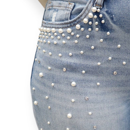 High Rise Pearl and Rhinestone Embellished Straight Leg Jeans