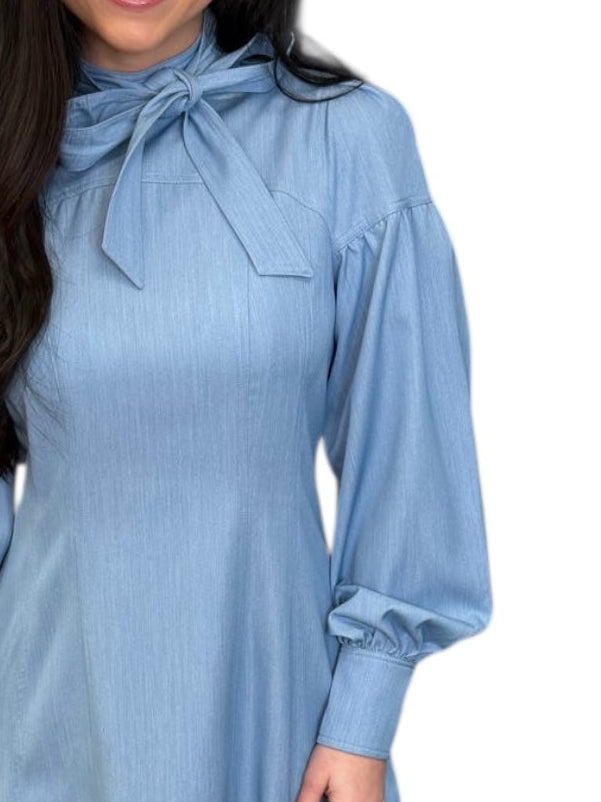 Chambray Bow Neck Balloon Sleeve Mini Dress