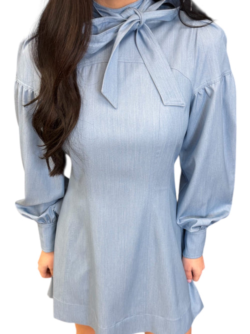 Chambray Bow Neck Balloon Sleeve Mini Dress