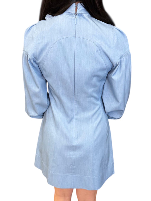 Chambray Bow Neck Balloon Sleeve Mini Dress