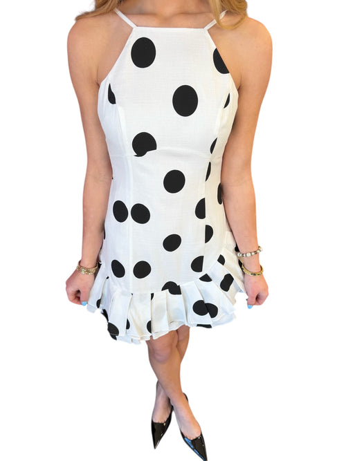 Polka Dot Halter Ruffle Linen Mini Dress