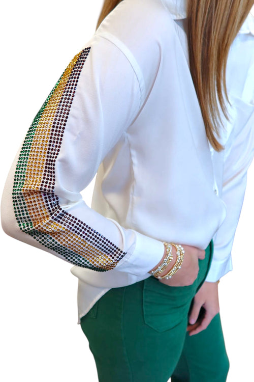 Mardi Gras Purple Green Gold Satin Button Down Top