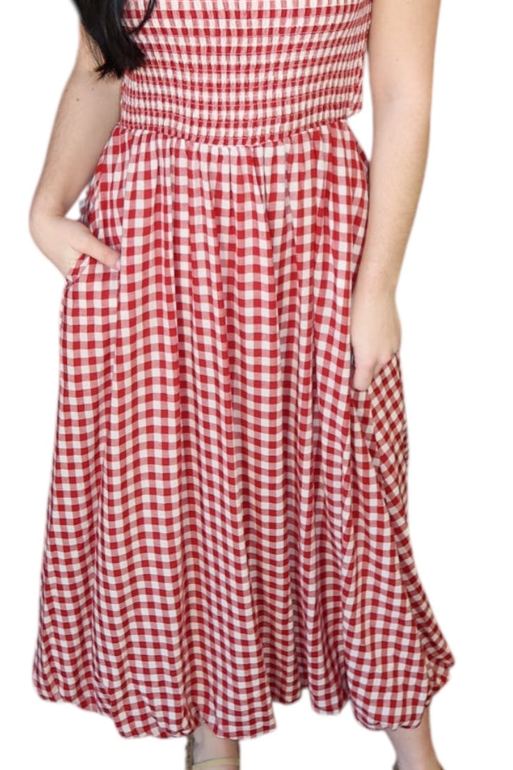 Apple Butter Red Gingham Smocked Bubble Hem Midi Dress