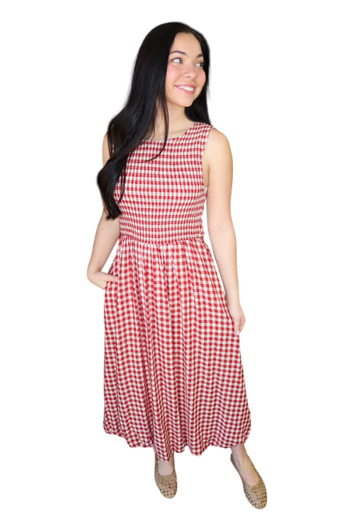 Apple Butter Red Gingham Smocked Bubble Hem Midi Dress