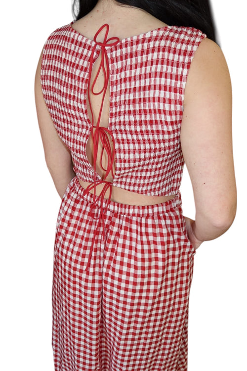 Apple Butter Red Gingham Smocked Bubble Hem Midi Dress